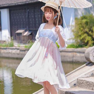 Square-neck Embroidered Elbow-sleeve Dress