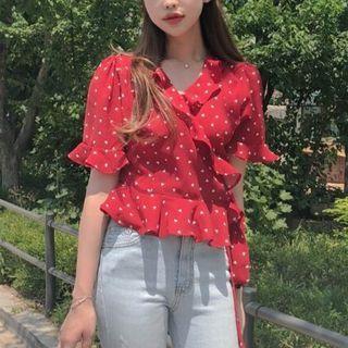 Heart Print Ruffle Trim Cropped Blouse