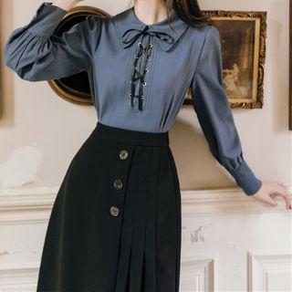 Set: Lace-up Blouse + Midi A-line Skirt