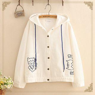 Cat Embroidered Drawstring Hood Jacket