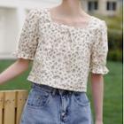 Floral Print Short-sleeve Square Neck Blouse As Shown In Figure - One Size
