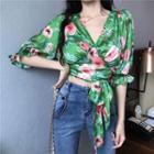 Floral Print Elbow-sleeve Cropped Blouse Green - One Size