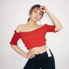 Off-shoulder Shirred Short-sleeve Top