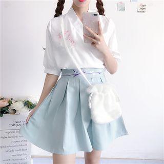 Embroidered Elbow-sleeve Top / Embroidered A-line Skirt