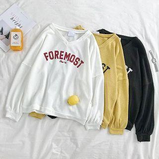 Lettering Printed V-neck Long-sleeve Knit Top