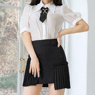 Set: Short-sleeve Shirt + Pleated Paneled Mini Skirt