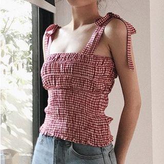 Plaid Sleeveless Smocked Top