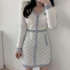 Contrast Trim Argyle Print Knit Dress Blue & White - One Size