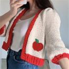 Long Sleeve Contrast-trim Apple Embroidered Crop Cardigan