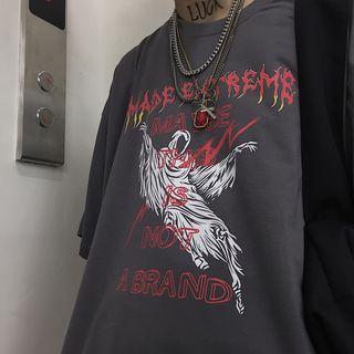 Printed Elbow-sleeve T-shirt Dark Gray - One Size