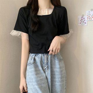 Short-sleeve Square Neck Ruffle Trim Cropped T-shirt