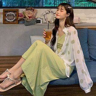 Long-sleeve Dotted Blouse / Spaghetti Strap Maxi Lettering Dress