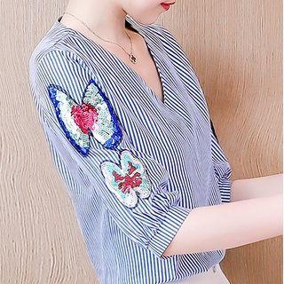 Sequined Butterfly Applique Elbow-sleeve V-neck Top