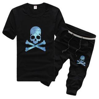Set: Skull Print Short Sleeve T-shirt + Drawstring Pants