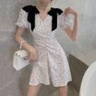 Puff-sleeve V-neck Bow Panel Dotted Dress
