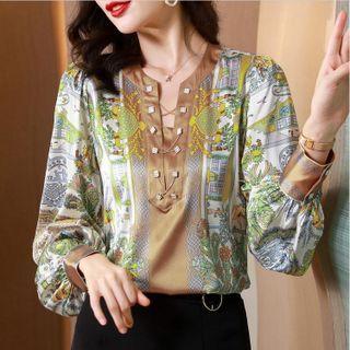Long-sleeve Chained Print Silky Blouse