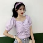 Short-sleeve Frill Trim Faux Pearl Blouse Purple - One Size
