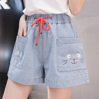 Cartoon Embroidered Drawstring-waist Denim Shorts