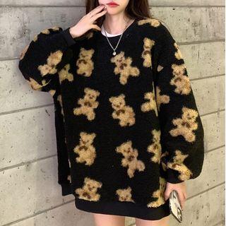 Bear Print Sweatshirt Black - One Size