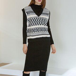 Set: Patterned Vest + Mockneck Midi Rib-knit Dress Black - One Size
