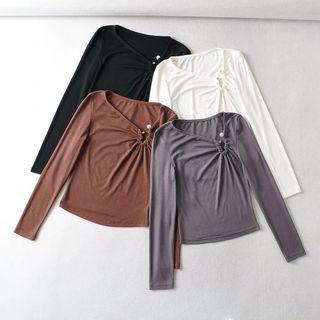 Long-sleeve Faux Pearl Accent Crop Top