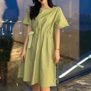 Tie-waist Short Sleeve A-line Dress Emerald - One Size