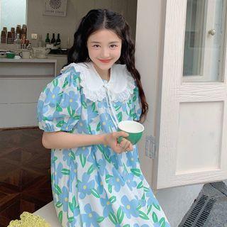 Puff-sleeve Floral Print Midi Shift Dress / Eyelet Lace Trim Collar