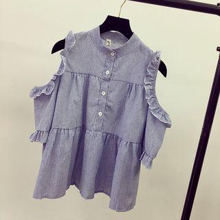 Striped Cold Shoulder Elbow-sleeve Shirt