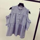 Striped Cold Shoulder Elbow-sleeve Shirt
