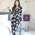 V-neck Floral Midi Bodycon Dress
