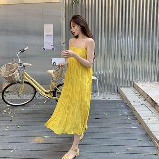 Plain Pleated A-line Dress Yellow - One Size
