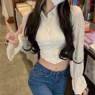Puff-sleeve Shirred Crop Blouse Almond - One Size