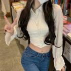 Puff-sleeve Shirred Crop Blouse Almond - One Size