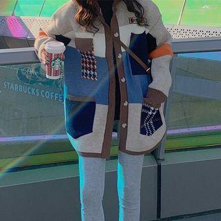 Collar Color Block Cardigan Coffee & Blue - One Size