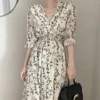 Elbow-sleeve V-neck Floral Print Dress