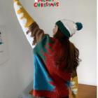 Color Block Sweater With Beanie Blue & Green & Yellow - One Size
