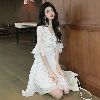 V-neck Ruffled-sleeve Chiffon Dress