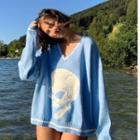Skull Jacquard V-neck Long-sleeve Sweater