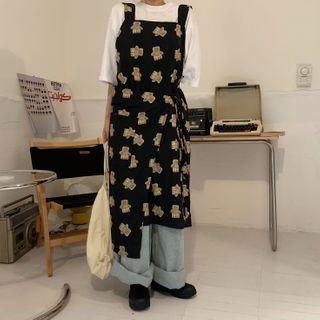 Bear Print A-line Midi Pinafore Dress Black - One Size