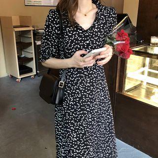 Short-sleeve Heart Print V-neck A-line Midi Dress