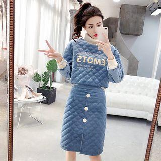 Set: Turtleneck Letter Embroidered Pullover + Straight-fit Skirt