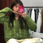 Long-sleeve Plaid Knit Cardigan As Shown As Figure - One Size