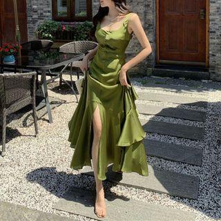 Wide Strap Shirred Midi A-line Layered Dress