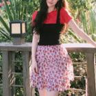 Short-sleeve T-shirt / Camisole Top / Floral Print A-line Skirt / Set