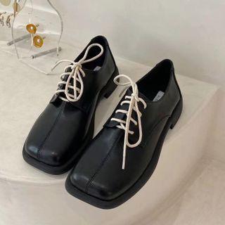 Block Heel Square Toe Lace Up Loafers