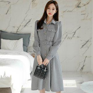Long-sleeve Belted Houndstooth A-line Midi Shirtdress