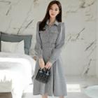 Long-sleeve Belted Houndstooth A-line Midi Shirtdress