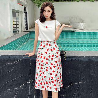Set: Pineapple Print Sleeveless T-shirt + A-line Midi Skirt