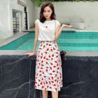 Set: Pineapple Print Sleeveless T-shirt + A-line Midi Skirt
