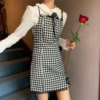 Plain Long-sleeve Blouse / Houndstooth Slim-fit Sleeveless Dress